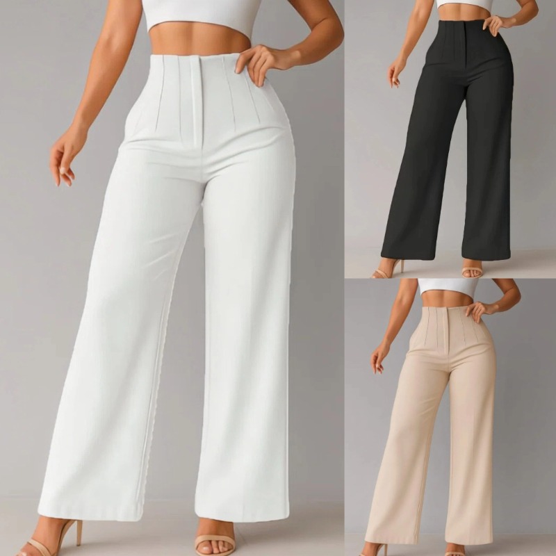 Pantalon large taille haute pour femme, élégant, coupe droite, idéal pour le bureau ou les tenues décontractées, confortable et habillé
