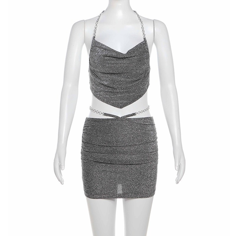 SylCue – ensemble 2 pièces en soie brillante pour femme, dos nu, nombril exposé, débardeur + Mini jupes fines, tenues Sexy à la mode pour filles