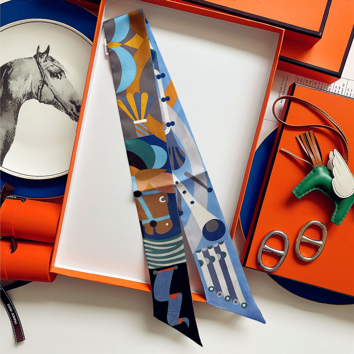 Écharpe imprimée cheval coloré, longue bande de ruban, Style coréen, accessoires multi-usage pour femmes, sac Bandana pour cheveux, vêtements de cou enveloppants, nouvelle collection