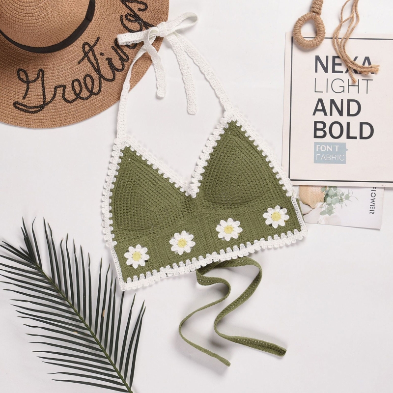 Haut de plage court en Crochet pour femmes, Sexy, style Boho, soutien-gorge col licou, tricot, dos nu, débardeur