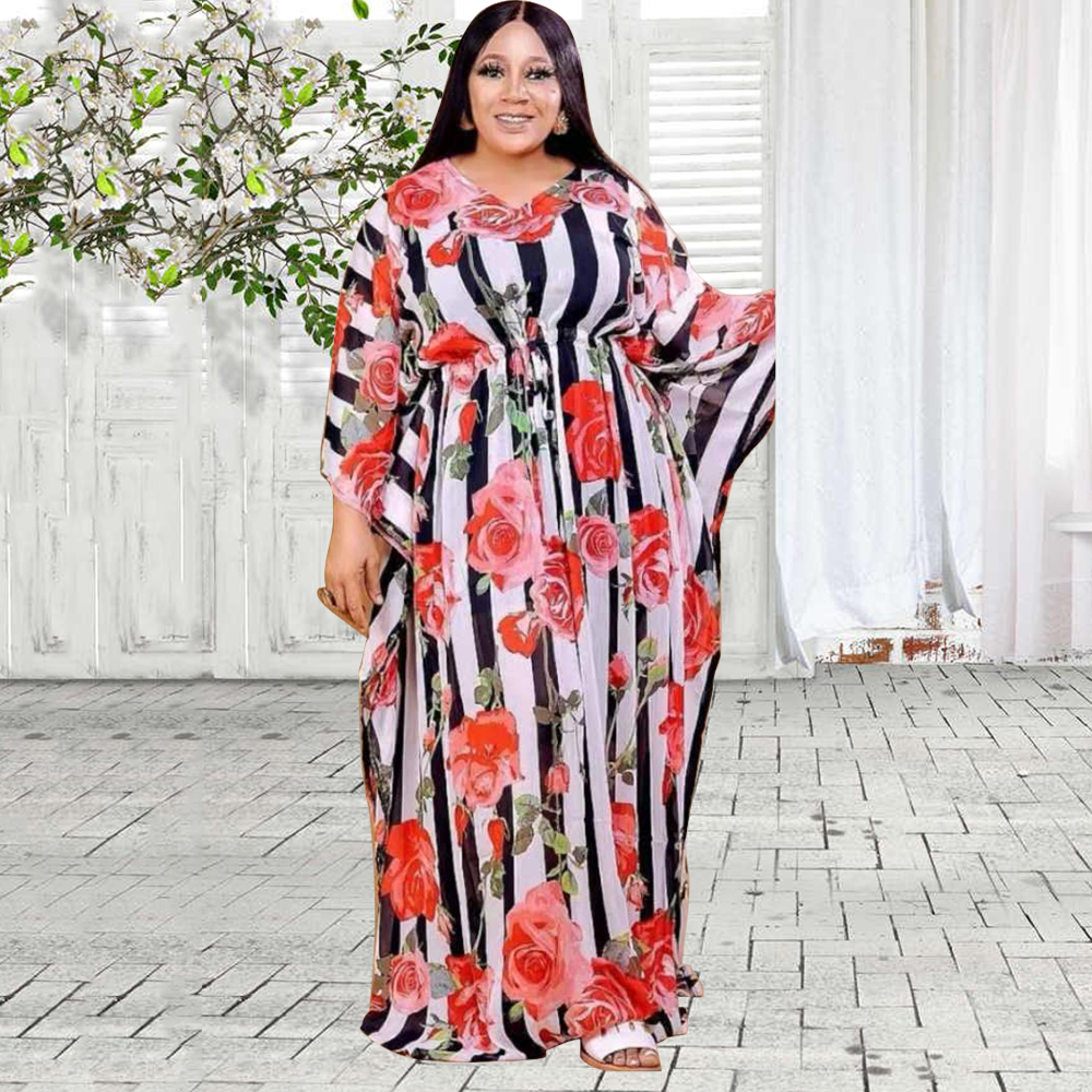 Bobo robes africaines pour femmes col en v à manches longues Maxi Femme robes caftan fleurs imprimer rayure été conception Robe robes