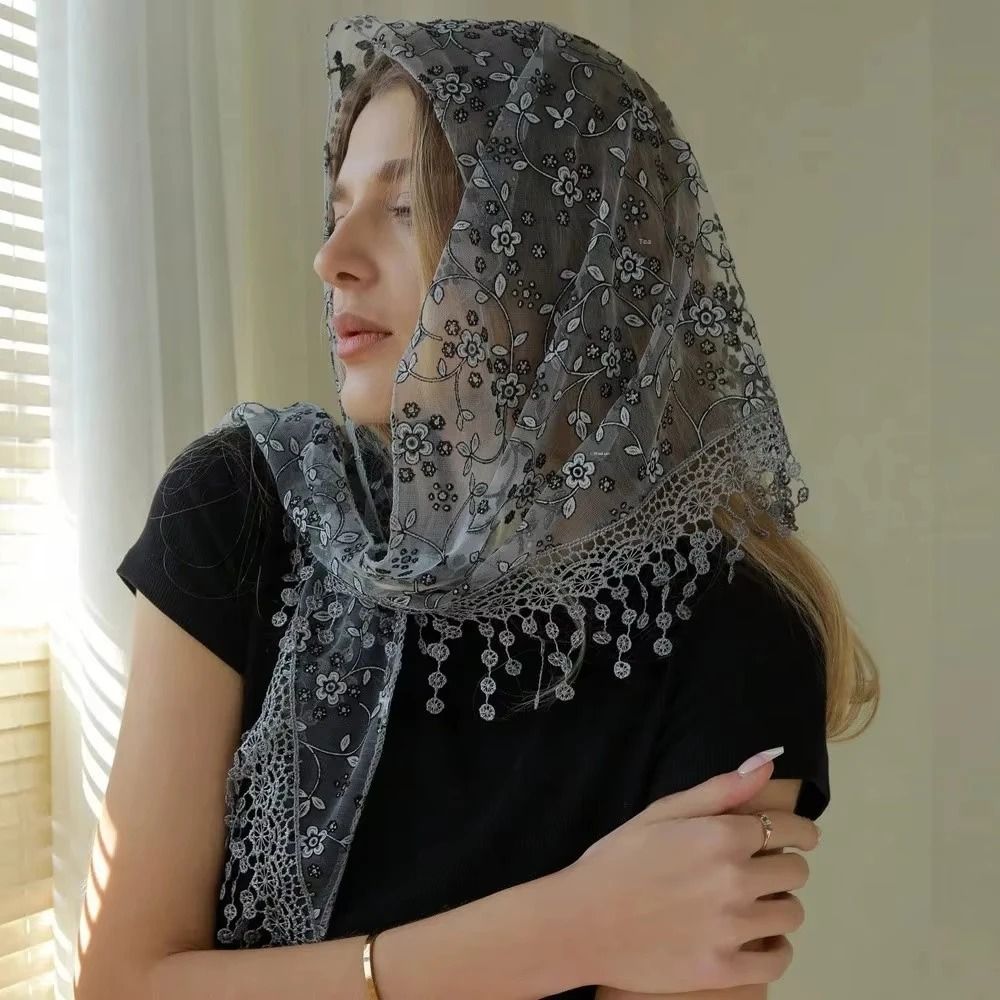 Écharpe triangulaire simple à imprimé floral en dentelle, foulard brodé de style ethnique, accessoires de voile, bandeau pour femme