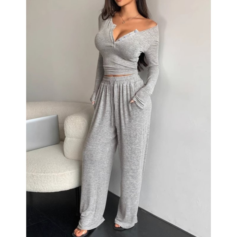 Ensemble 2 pièces pour femme, tenue décontractée et élégante, haut à manches longues boutonné de couleur unie, pantalon taille haute, printemps automne