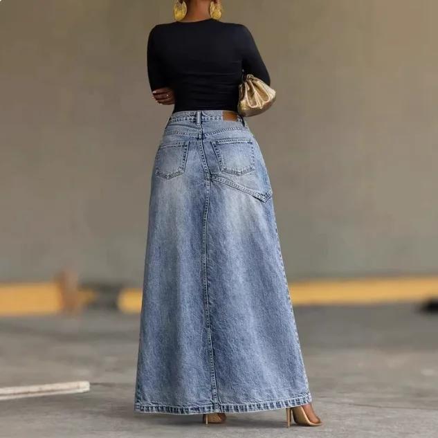 Jupe longue en jean décontractée pour femme, nouvelle collection printemps-automne 2026, couleur unie, taille haute, fente irrégulière, style streetwear, coupe trapèze