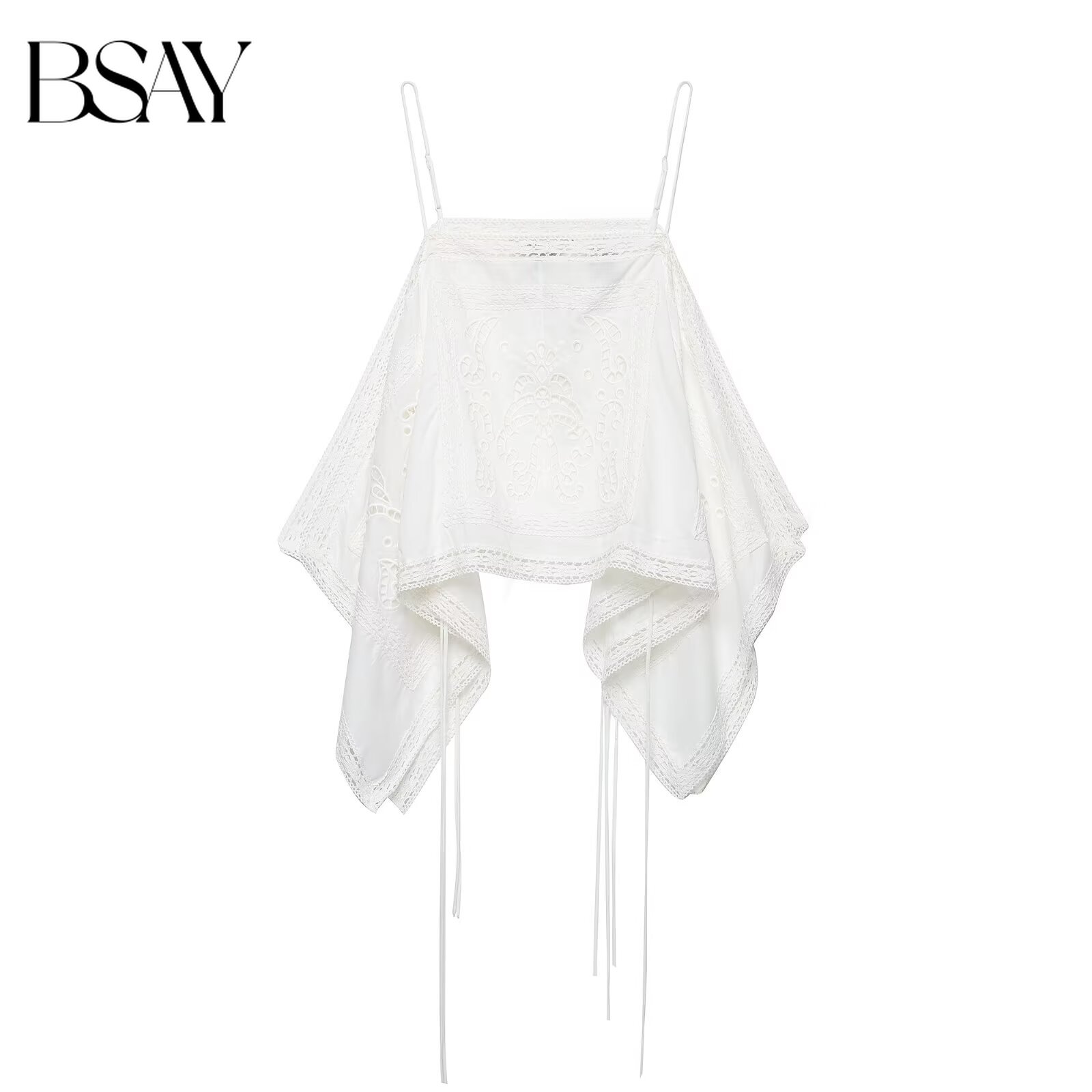 BSAY Top Cami Femme Tendance Blanc Broderie Creuse Style Bohème avec Bordure en Dentelle, Ourlet Asymétrique Effet Mouchoir, Dos Nu à Nouer, Top d'Été à Bretelles