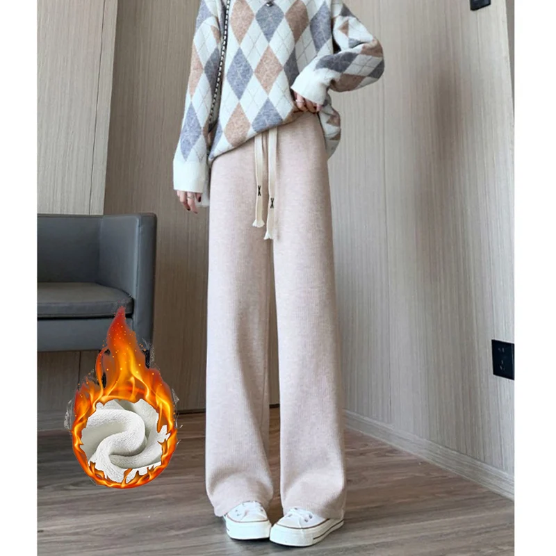 Hiver filles neige chaud taille haute pantalons thermiques femmes mode jambe droite en peluche pantalon dame mince polaire pantalon quotidien