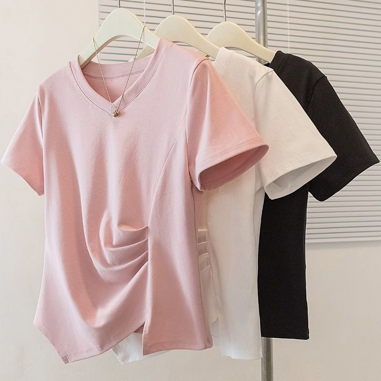 Vêtements pour femmes de grande taille, printemps et été, nouveau t-shirt décontracté ample et fin à plis irréguliers à l'intérieur et à l'extérieur, à manches courtes