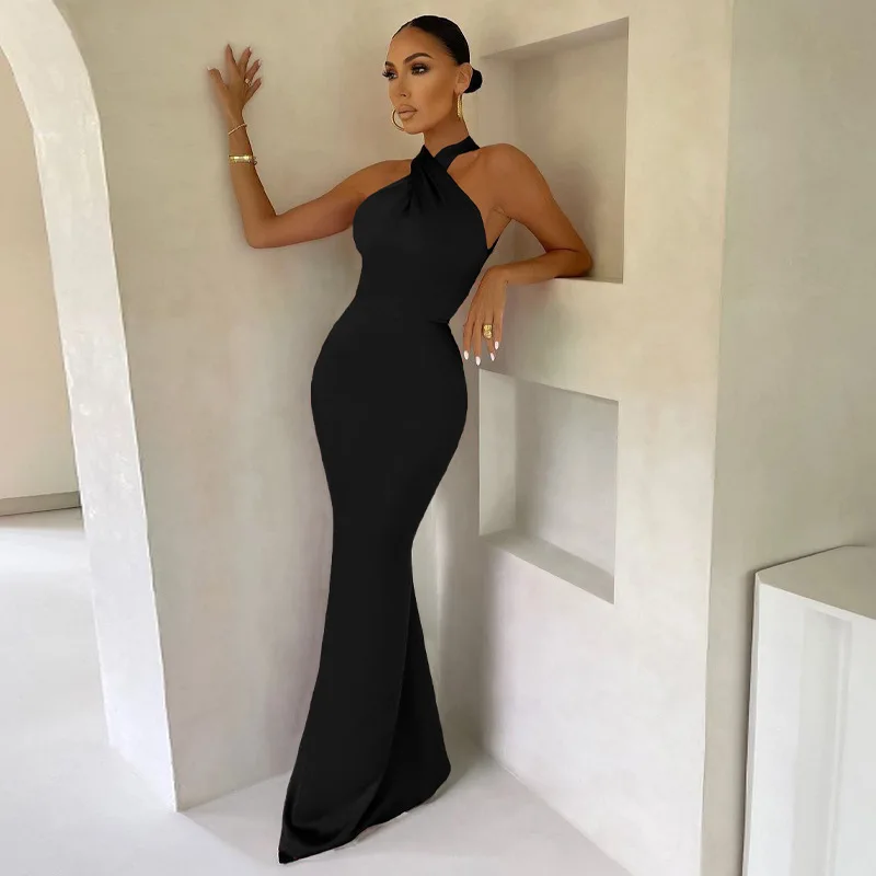 Robe longue en queue de poisson pour femmes, robe élégante, licou croisé, robe de Rhdos nu pour dames, robes de soirée formelles, cocktail