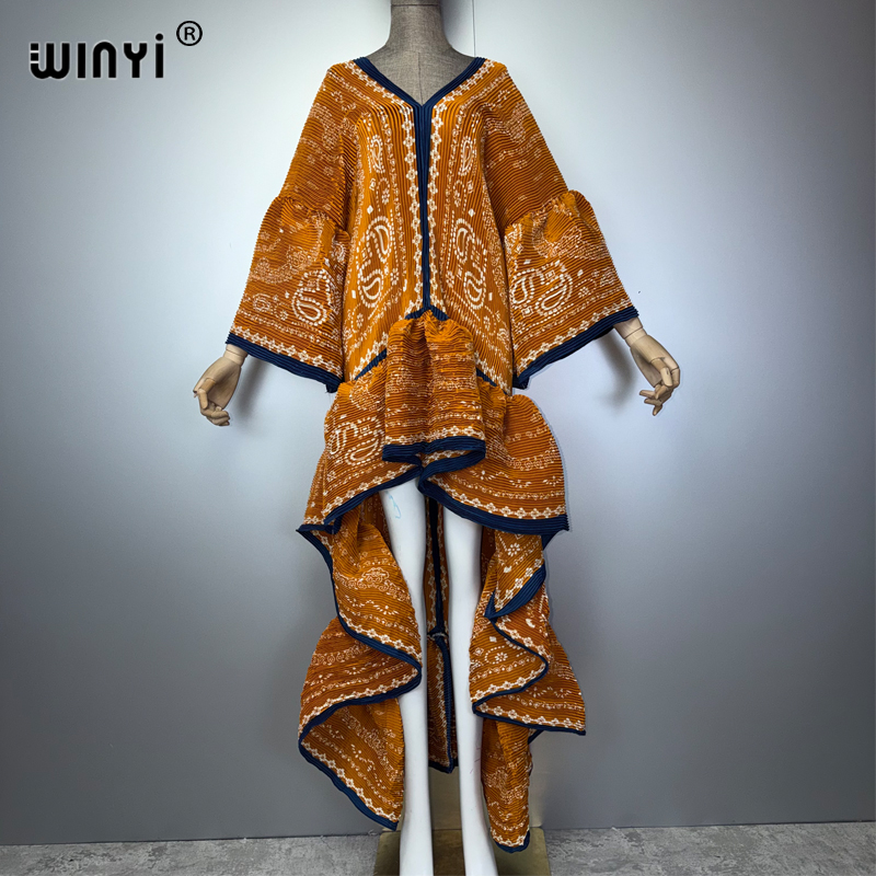 WINYI Robe plissée élastique et ajustée de style bohème pour femmes musulmanes, Kaftan Abaya, tenue de plage, longue robe de soirée de luxe de Dubaï