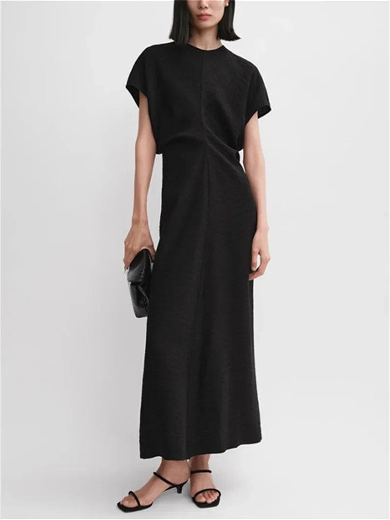 Robe minimaliste mi-mollet pour femmes, col rond, fermeture éclair, drapée, plissée, élégante, été