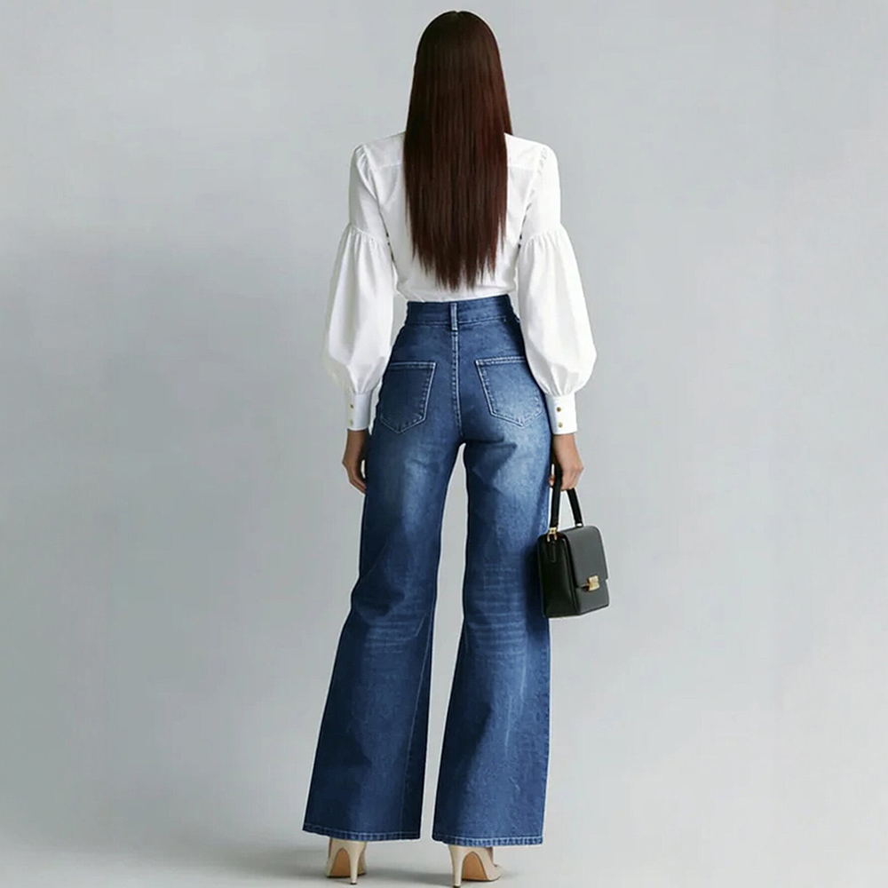 Jean décontracté pour femme à taille haute, coupe large, avec fermeture éclair décorative et poches obliques, élégant et ample