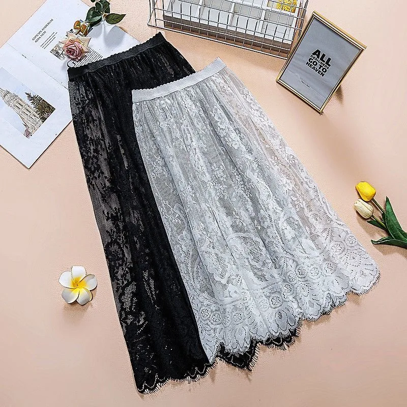 2 longueur élégante jupe noire dentelle blanche transparente longue jupe en Tulle dames élastique taille haute plage jupe Midi livraison directe