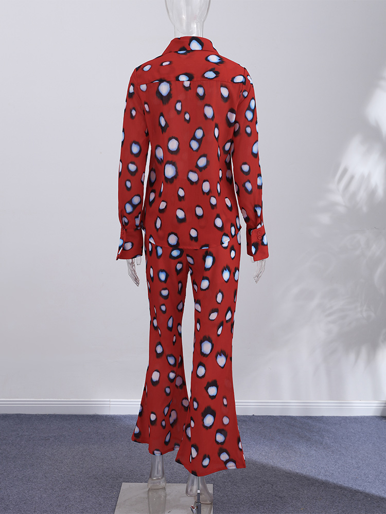 Ensemble chemise et pantalon imprimé pour femme, idéal pour les vacances à la plage, rouge, transparent, col à revers, manches longues, chemise boutonnée et pantalon, tenue décontractée été 2026