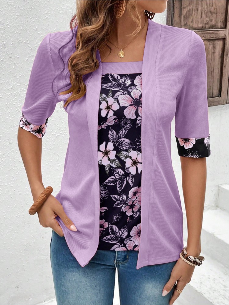 Ensemble de faux t-shirts deux pièces pour femmes, patchwork élégant, imprimé décontracté, demi-manches, dames, été, 2025