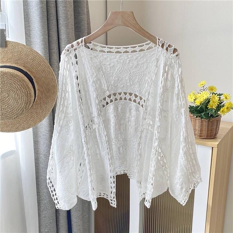 Cardigan pour femme à manches kimono, ouvert sur le devant, ajouré, en maille ouverte, style bohème, pour le printemps, l'été et comme cache-maillot de plage