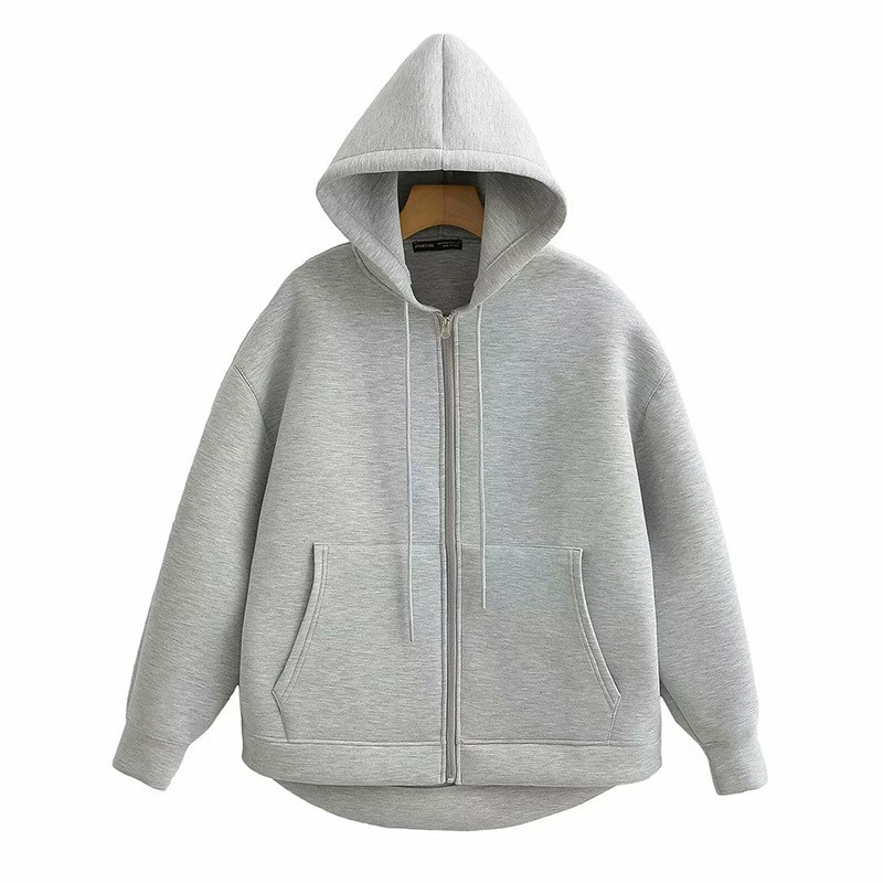 Veste d'automne pour femme grise et noire à capuche, à manches longues, zippée, coupe ample, décontractée, avec grandes poches, manteau d'extérieur