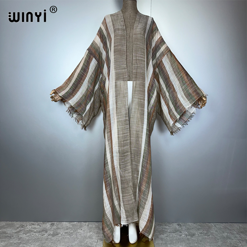 WINYI Kimono Bohème Kaftan Vêtement de Plage Cardigan Rayé Robe de Soirée Abaya Dubaï Tenue de Plage de Luxe Robe Maxi Femme