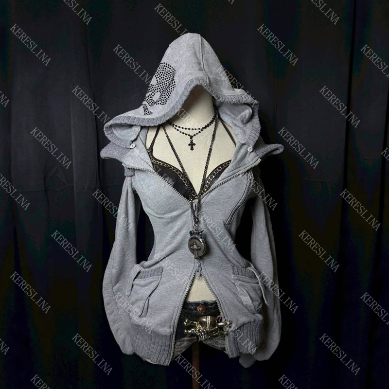 Femmes Cardigan Sweat À Capuche Veste Des Années 2000 Esthétique Harajuku Chaude Fille Mode Américain Rétro Y2K Rue Hip Hop Rock Veste