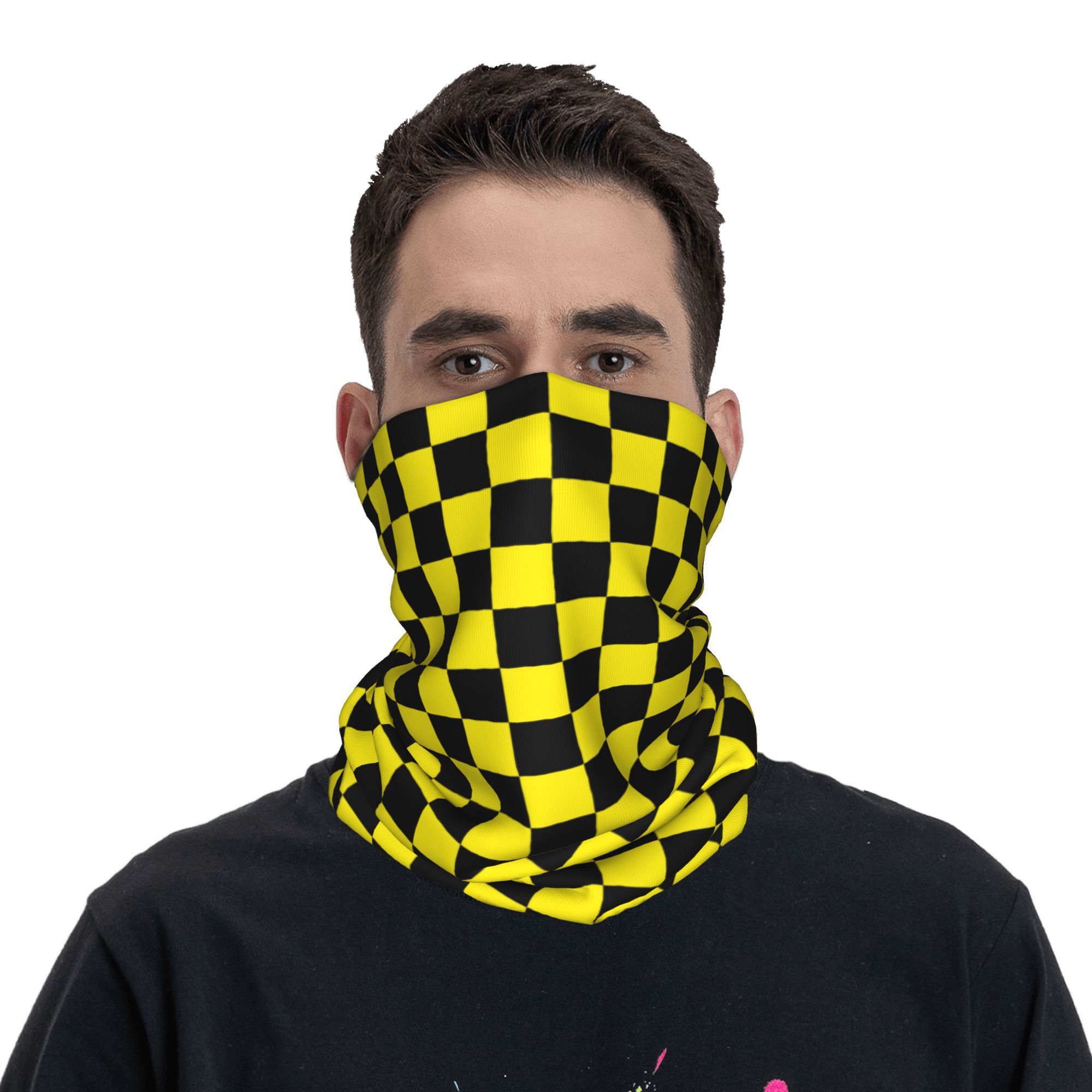 Cache-cou Bandana à carreaux noir jaune personnalisé, pour randonnée Camping hommes et femmes, écharpe enveloppante, bandeau à carreaux plus chaud