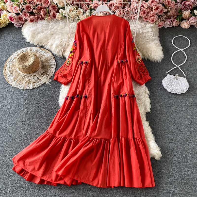 Robe de plage Vintage pour femmes, broderie florale, manches courtes, col en v, en coton et lin, style Boho, été
