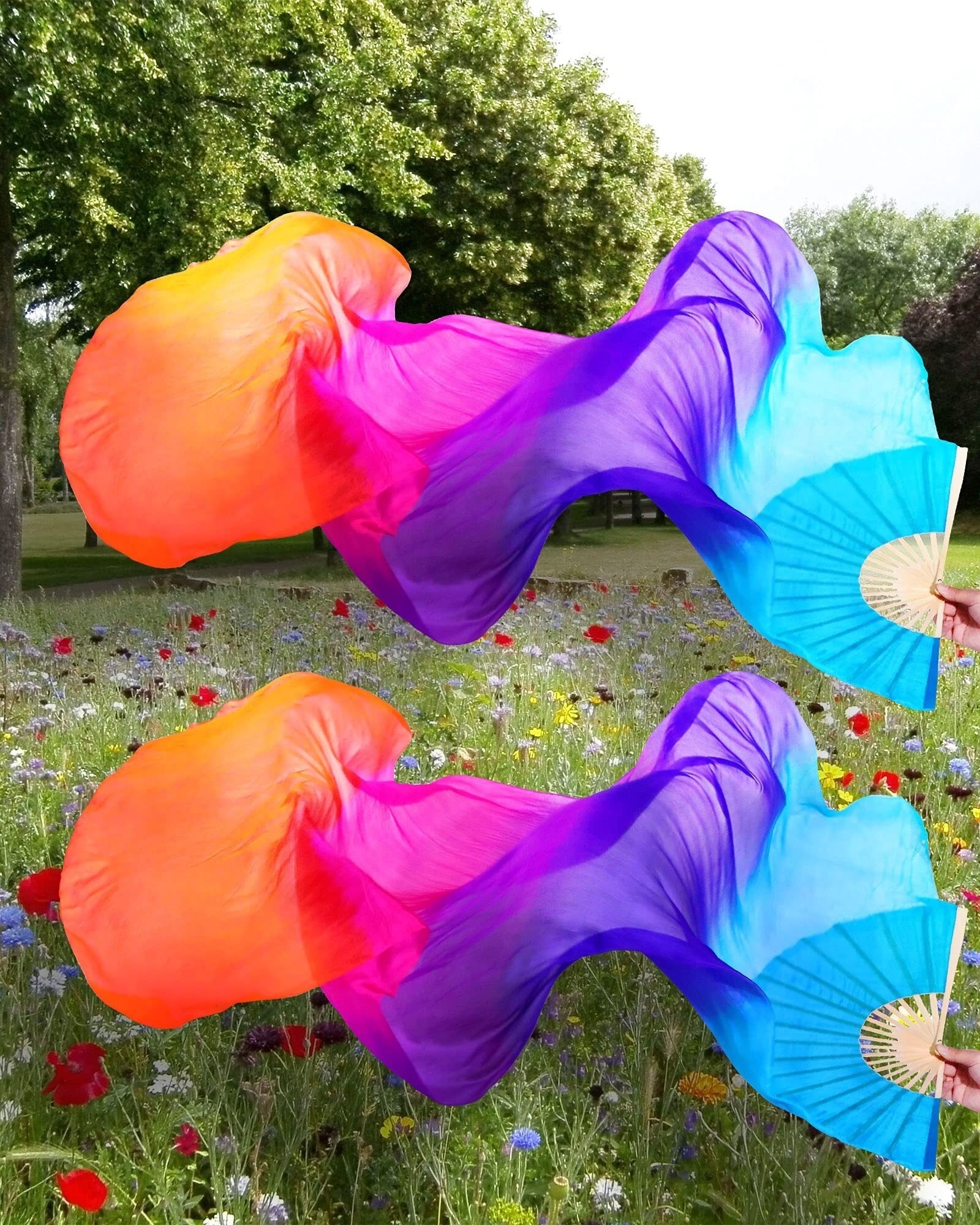 1 paire (gauche + droite) d'éventails de danse orientale pour femmes, éventail long pliable en bambou coloré avec rubans en soie imitation, 180 cm