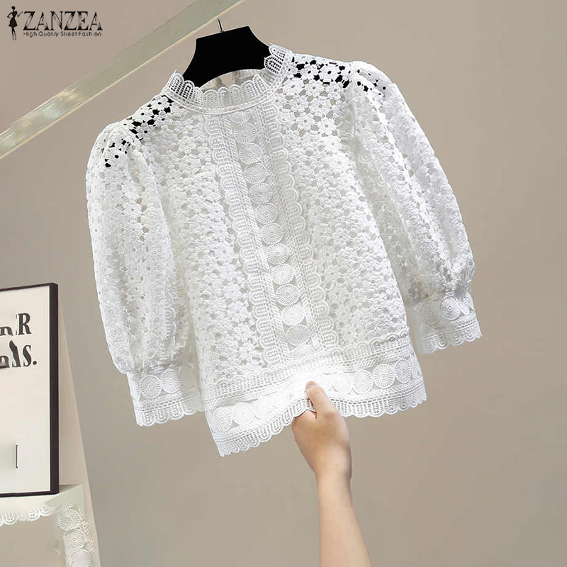 ZANZEA Blouse élégante en dentelle pour femme, manches 3/4 bouffantes, couleur unie, tunique décontractée transparente à col rond pour l'été 2026, chemise de bureau pour femme