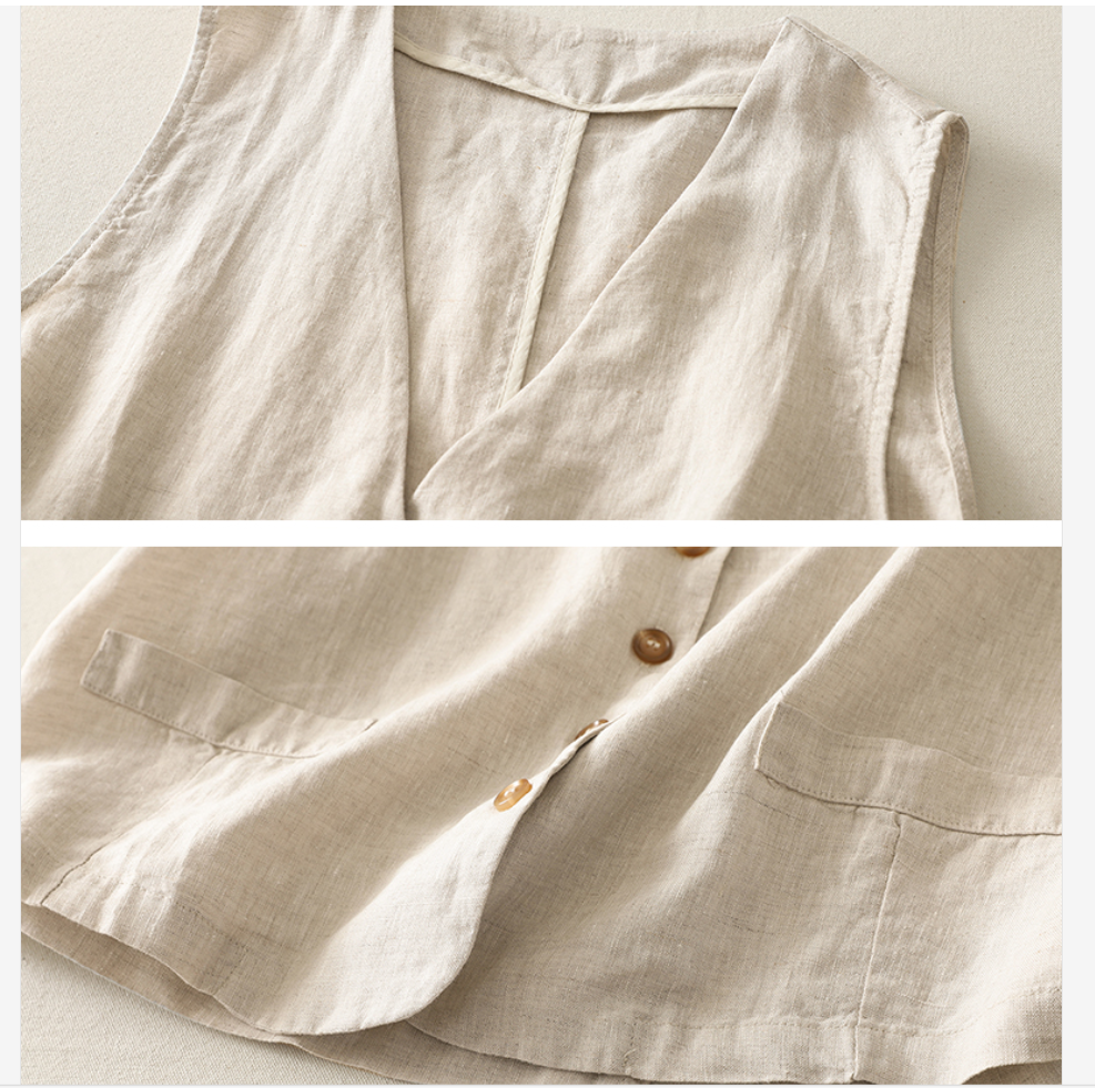 Gilet en coton et lin pour femmes, été, kaki, noir, beige, avec fente, basique, uni, élégant, col en V, sans manches, veste, cardigan, haut