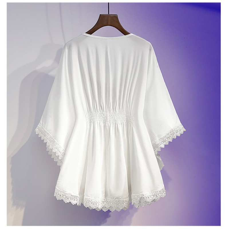 Chemisiers d'été pour femmes, style rétro bohème, imprimés, coupe courte, hauts cape, en coton ample, avec ourlet en dentelle, manches chauve-souris, chemises kimono, Blusa Feminina