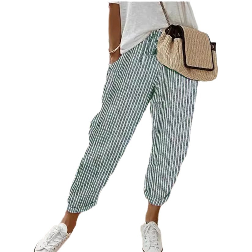 Pantalons femmes 2025 nouvelle mode été rayé décontracté ample taille élastique couleur unie cheville longueur pantalon vêtements pour femmes