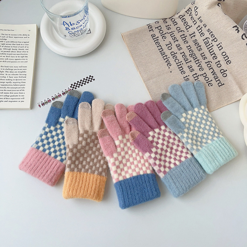 Gants en laine tricotés pour écran tactile pour femmes, garde au chaud, mignon, joli treillis à la mode, épais, haute qualité, Protection contre le froid, hiver