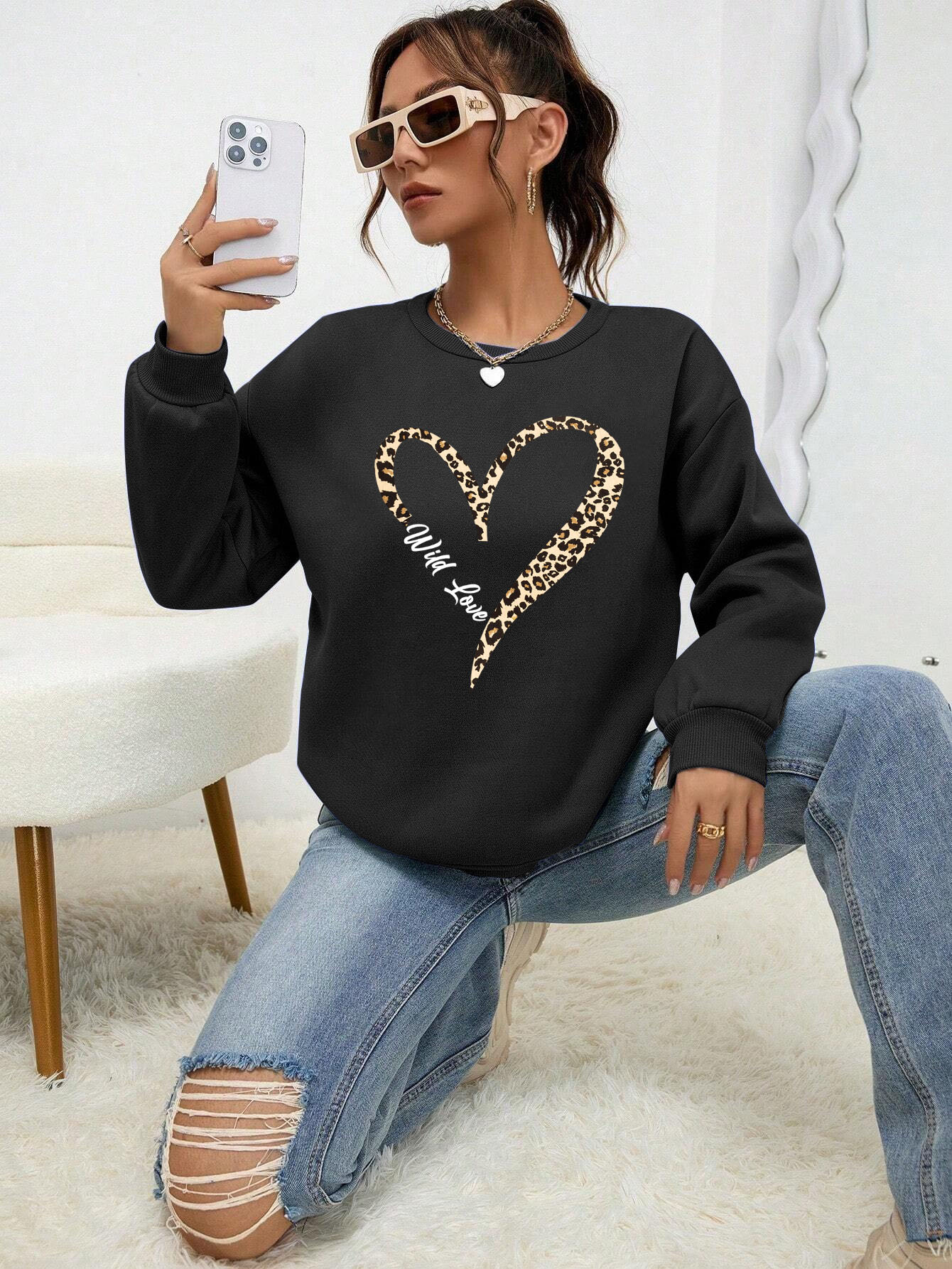 Sweat-shirt à col ras du cou pour femme, imprimé léopard, motif cœur sauvage, doublure en fourrure, pull Hipster, vêtements assortis avec tout