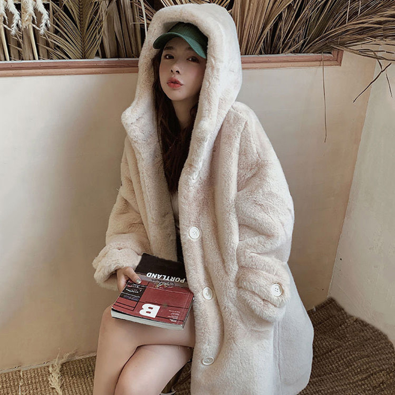Manteau en fausse fourrure de lapin pour femme, pardessus à capuche, chaud, peluche, long, grande taille, optique, hiver, nouveau, 2021