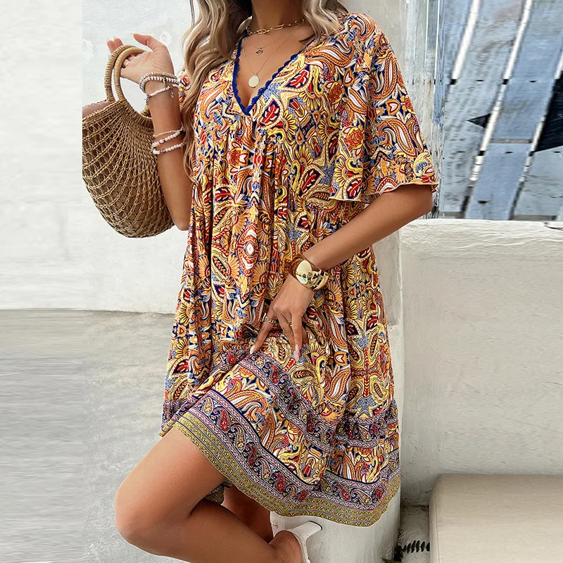 Robe d'été à imprimé floral pour femmes, décontractée, manches courtes, col en V, A-ligne, adt, robes de vacances de plage pour femmes, robe courte