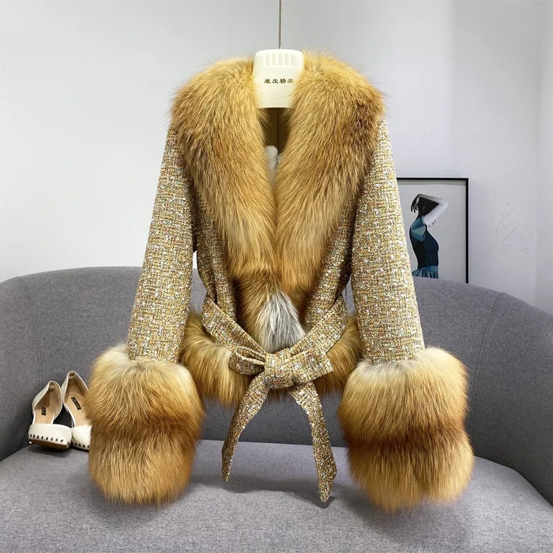 Femme hiver épais coton mince court laine veste femmes nouveau mince importé peau entière rouge col de fourrure de renard Imitation manteau de fourrure A863