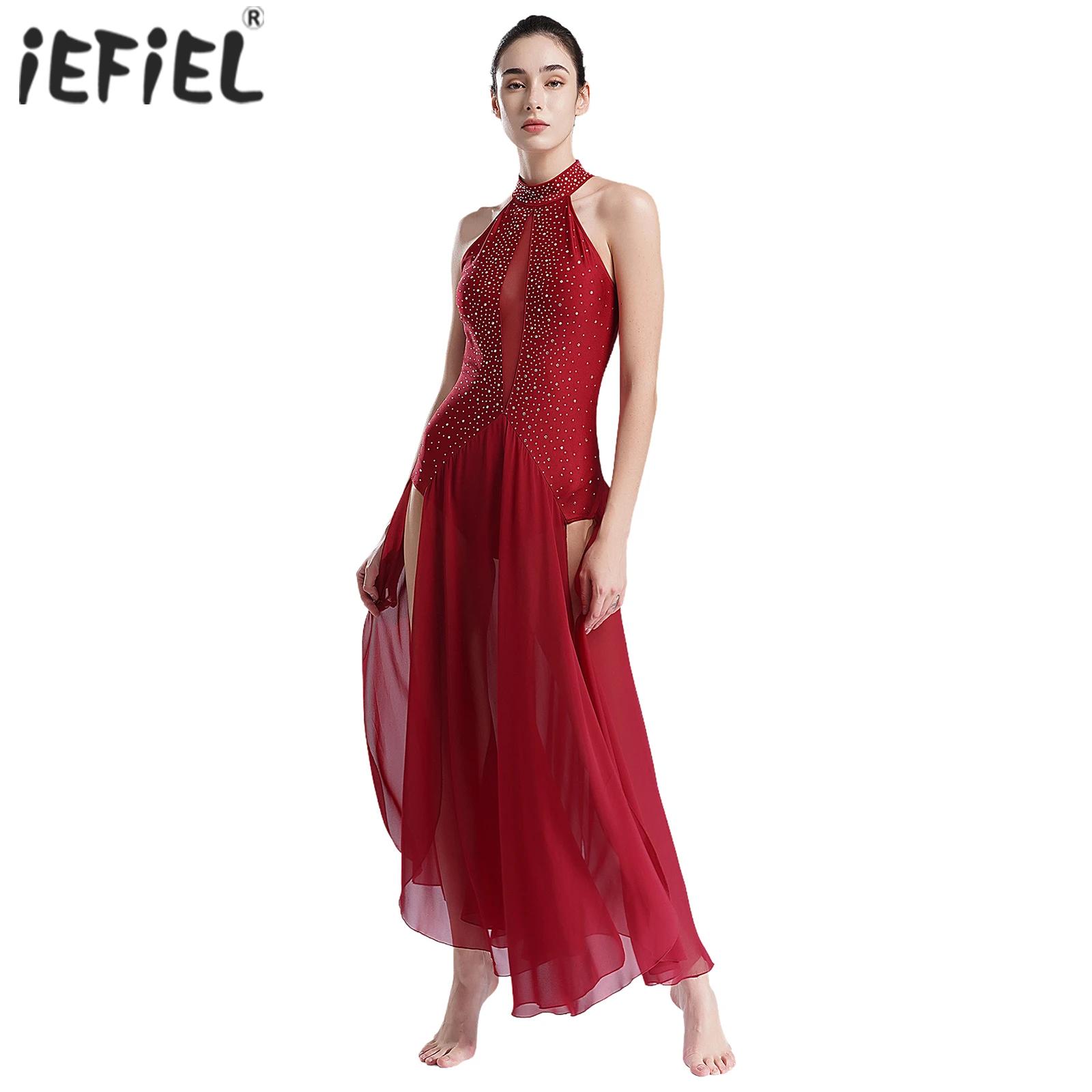 Robe de danse lyrique pour femme, tenue de danse moderne et contemporaine, dos nu à bretelles, ornée de strass, fendue, pour spectacle et compétition