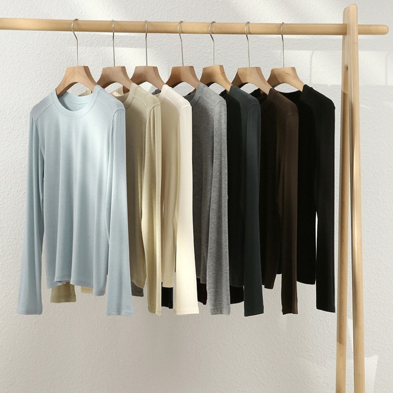 T-shirt à manches longues pour femmes, épissure de laine de soie, haut fin, doux, cireux, couleur unie, printemps été