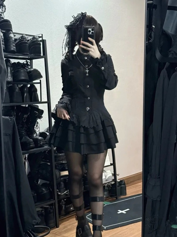 Robe Vintage Gothique Printemps Femme, Style Lacets, Design High Street, Noire, Lolita, Coupe Slim, Manches Longues en Dentelle, Collection 2025 Y2K