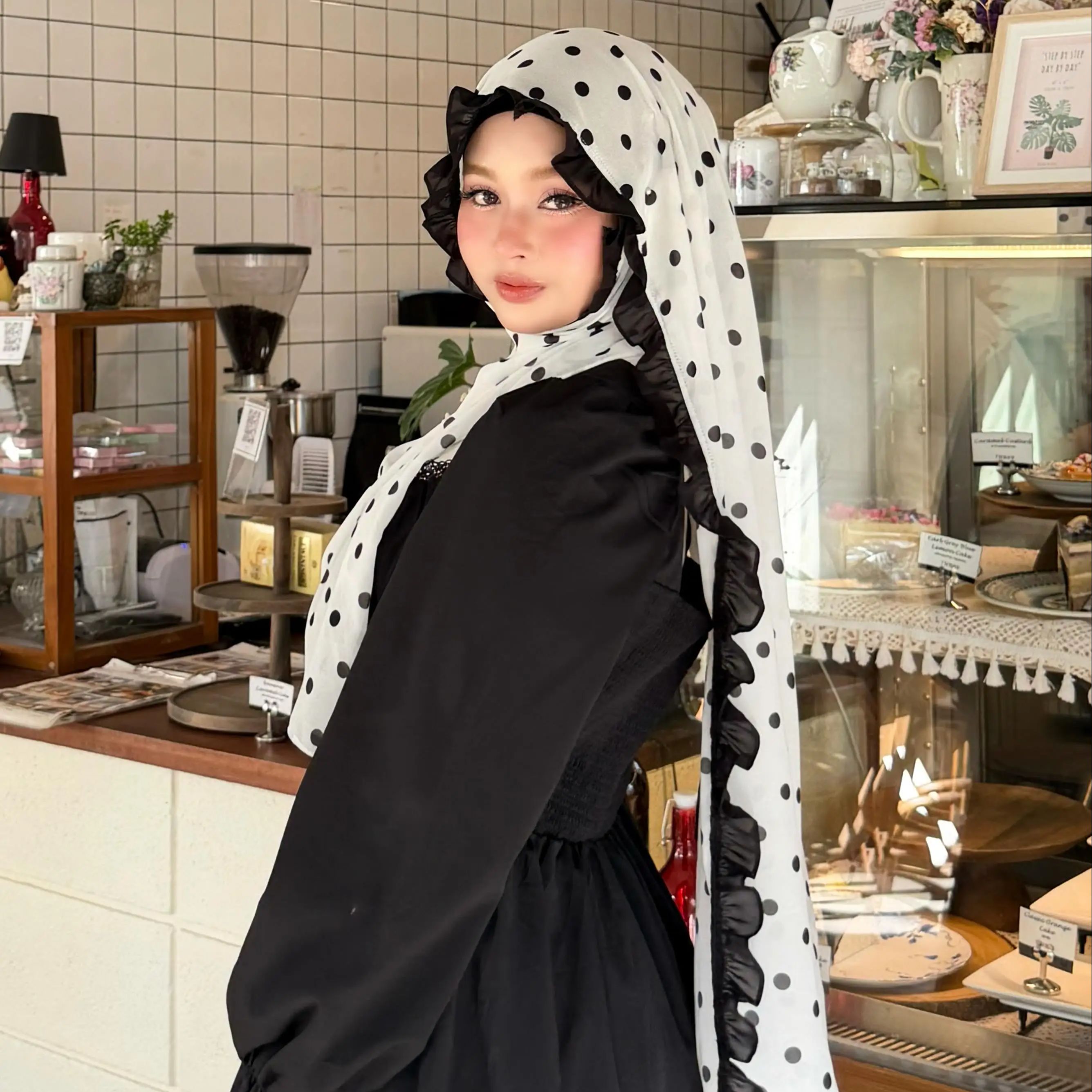 Nouveaux hijabs en mousseline à pois pour femmes, foulard élégant à volants, couvre-chef musulman pour le Ramadan, hijab islamique