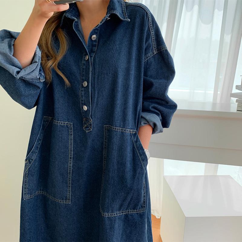 Robe longue en Denim pour femmes, col rabattu, ligne A, Maxi maman, jean, Streetwear, décontracté, ample, Y2k, fête, été 2025