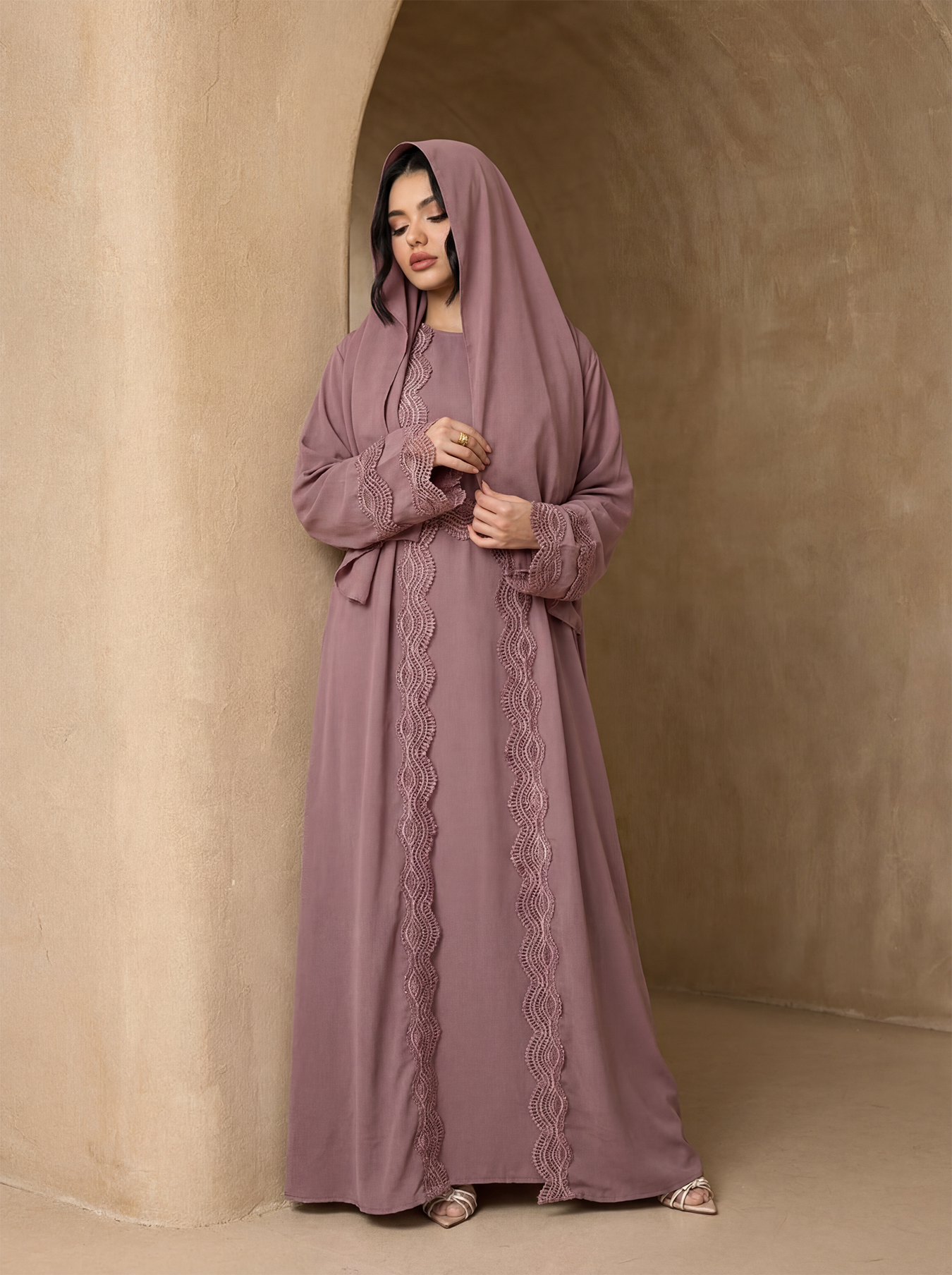 Ensemble Abaya 3 pièces avec ceinture et hijab, robe modeste à manches évasées pour femmes musulmanes, tenue quotidienne pour l'Aïd
