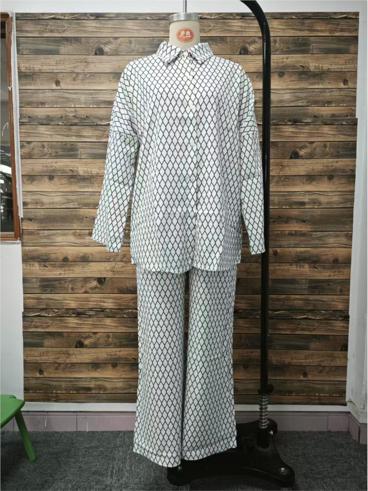 Femme printemps automne deux pièces ensemble femme mode imprimé col rabat manches longues chemise pantalon à jambes larges costume dames tenue décontractée