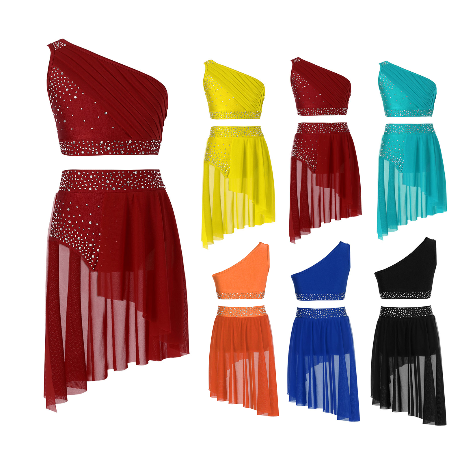 IEFiEL Ensemble de danse lyrique pour enfants filles Costumes contemporains modernes Strass Haut court avec jupe justaucorps Tenue de ballet 2 pièces
