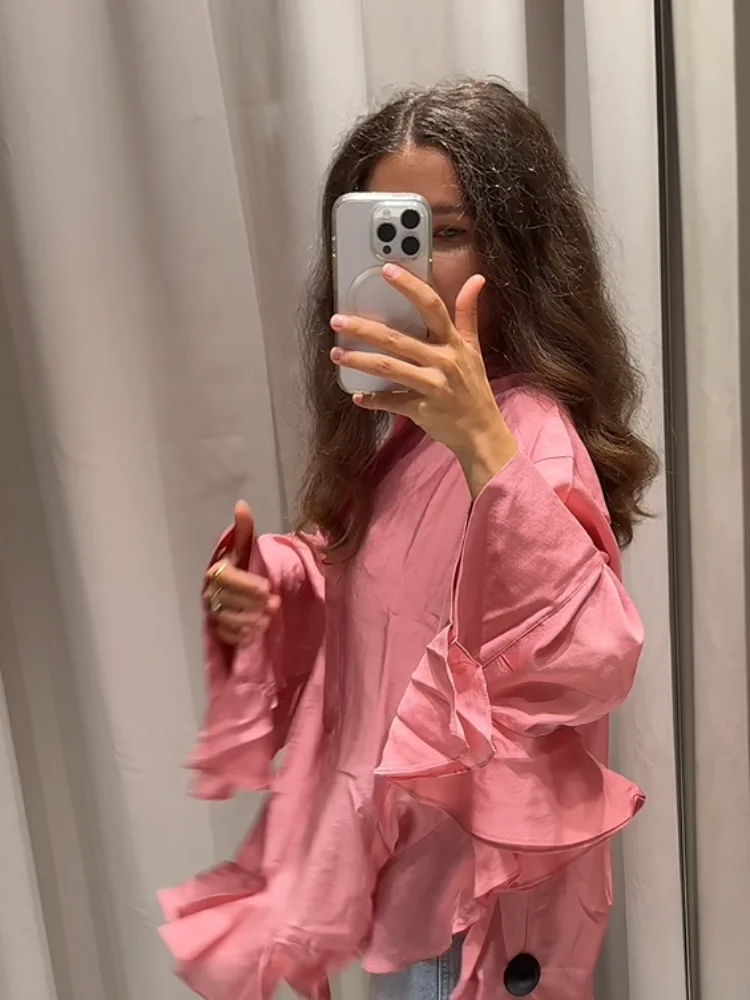 Chemise rose élégante en mousseline de soie à volants pour femmes, mode solide, simple boutonnage, chemises amples décontractées, Chic quotidien, hauts de bureau pour les déplacements quotidiens