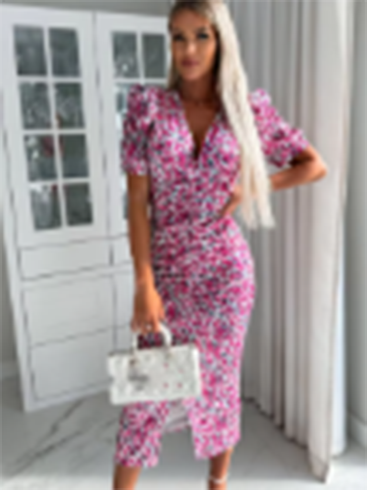 Robe d'été à imprimé floral pour femmes, col en V profond, manches courtes, tambour, hanches GT, robes de soirée, mode féminine décontractée, sexy, éducatif