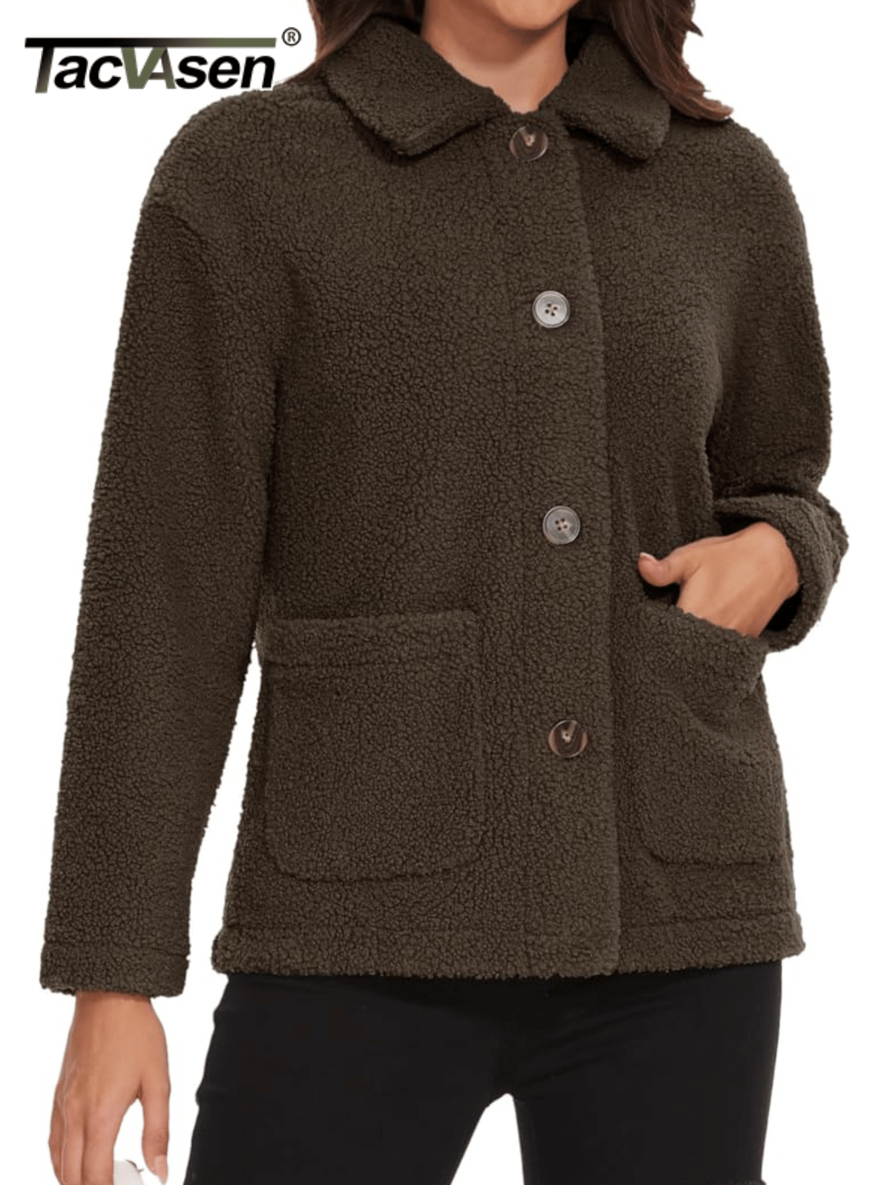 TACVASEN Hiver Sherpa Polaire 4 Boutons Veste Femme Doudoune Thermique Taillée Léger Vêtements Extérieurs 2 Poches Hauts