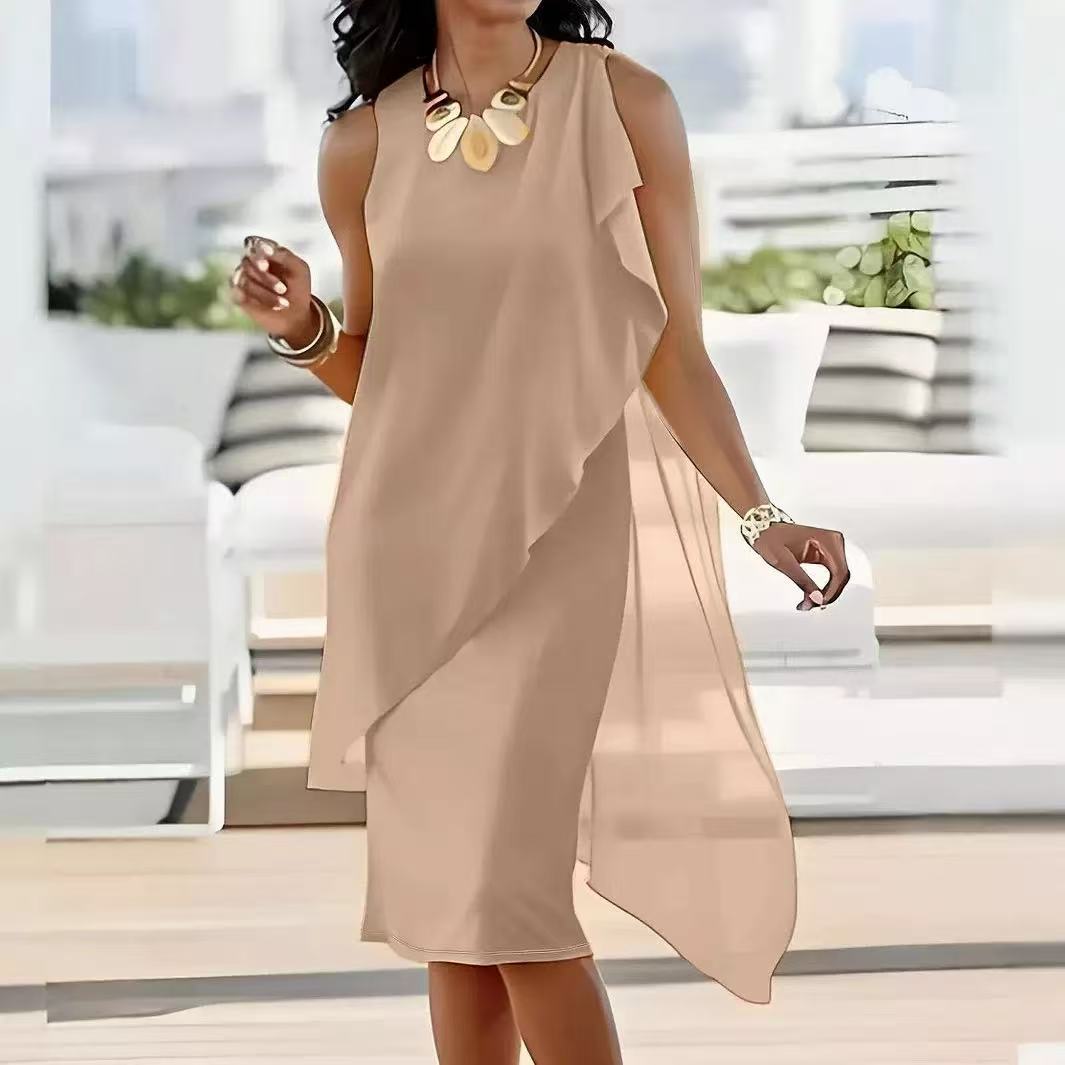 Robes pour femmes 2026 – Nouvelle collection été : Robe élégante en mousseline asymétrique sans manches, col rond, longueur genou – Vêtements féminins