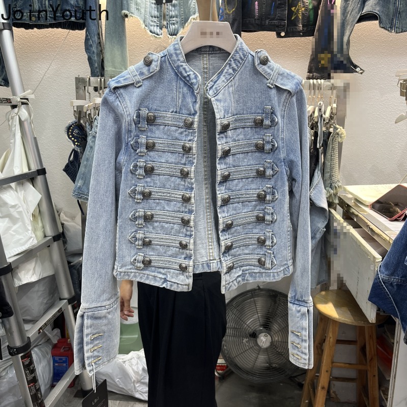 Vestes en jean pour femmes, style vintage, col montant, manches longues, coupe courte, tunique décontractée chic, style Y2K, Ropa Mujer
