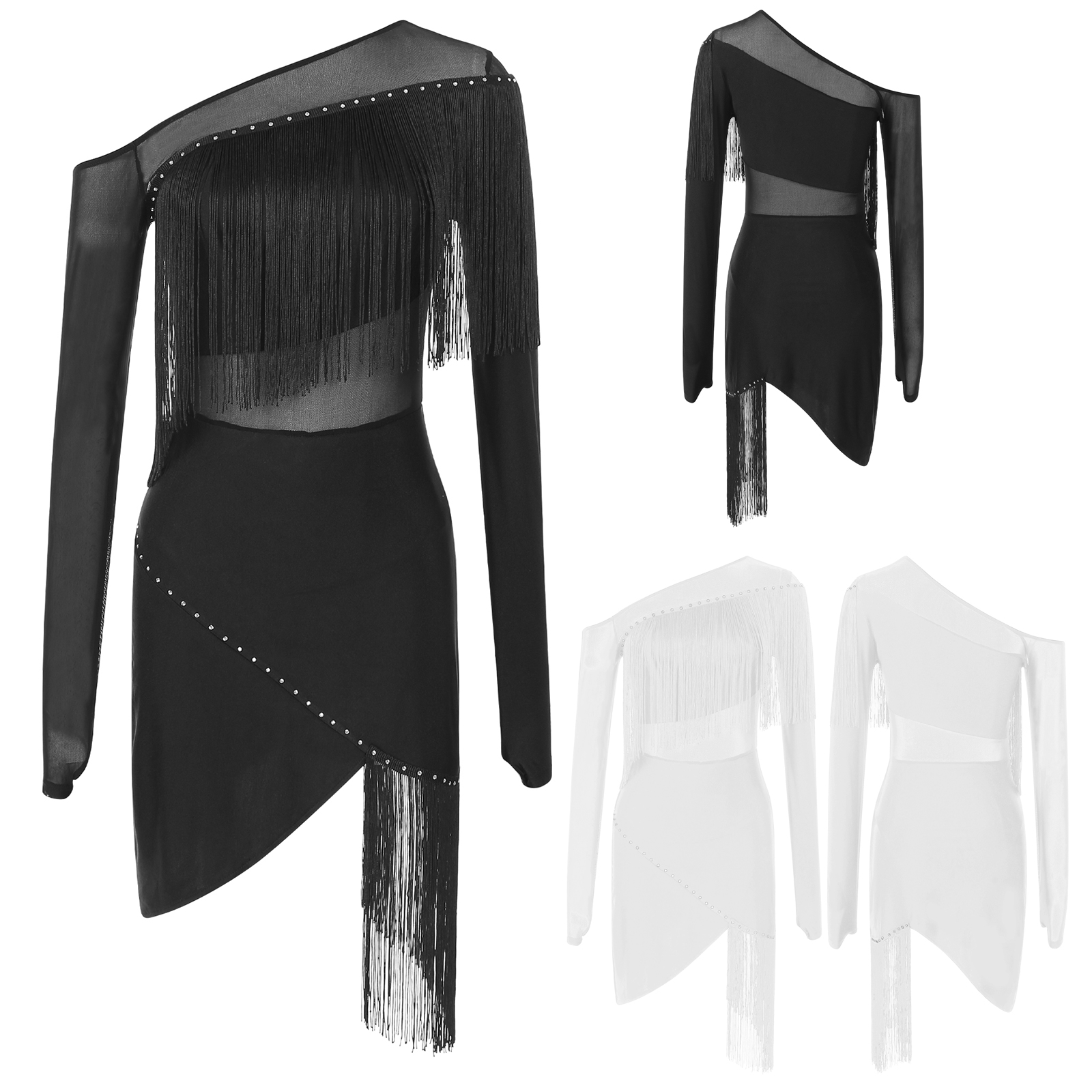 Robe de danse latine pour femmes, épaules obliques, franges, ourlet irrégulier, robes de salle de bal, Tango ChaCha Rumba Samba, Costumes de compétition