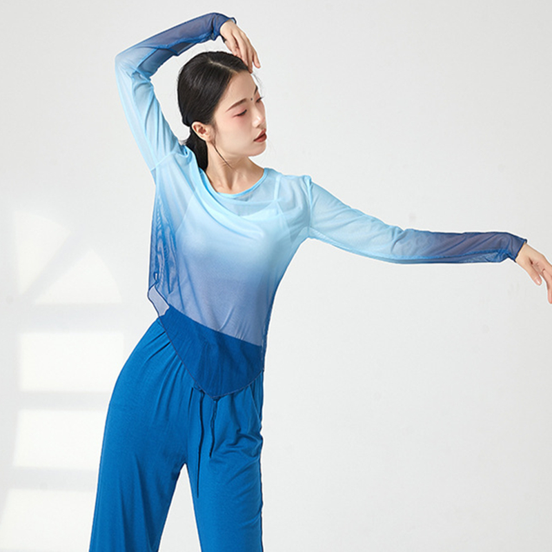 Chemisier en maille de gaze à manches longues pour femmes, haut de danse classique, costume de pratique moderne, ourlet coudé, t-shirt décontracté, document nickel é