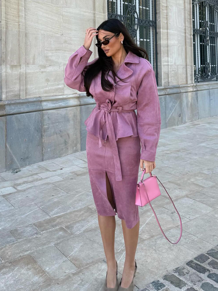 HH 2026 Nouvelle Collection Femme : Ensemble Élégant Veste Courte Unie à Fermeture Éclair Asymétrique et Ceinture Décorative + Jupe Mi-Longue Décontractée à Fente Latérale